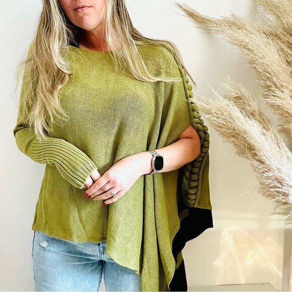 VINTAGE SANTIAGO Green Black Cashmere Blend Asymmetrical Pullover Sweater Cape S - Picture 1 of 11